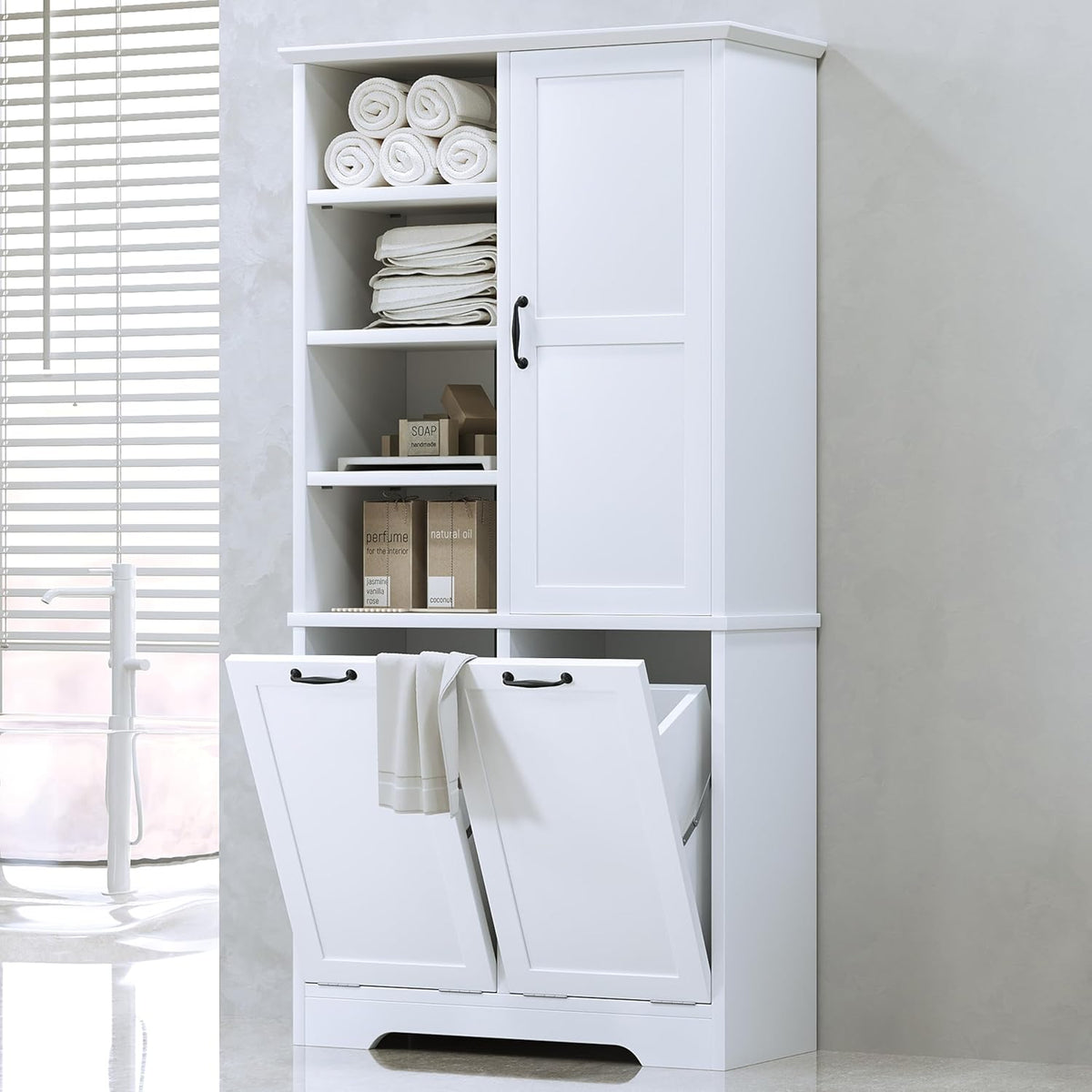Merax Cabinet with Tilt-Out Laundry Hamper Basket, Tall Bathroom Storage Organizer Linen with Open Shelf for Home, Freestanding, White