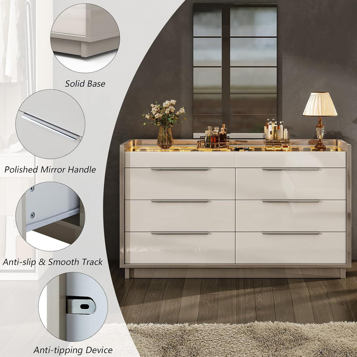 AMERLIFE 47.2" 8 Drawer Dresser with LED Light, Modern High Gloss Chest of Drawers with Glass Tabletop & 2 Six-Grid Jewelry Drawers, for Bedroom, Living Room, Dressing Room, Cream & Grey