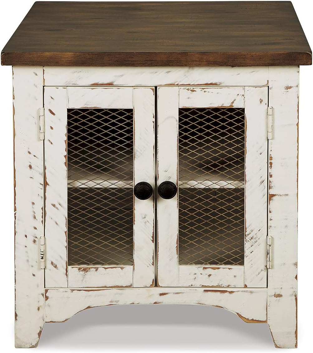 Signature Design by Ashley Wystfield Farmhouse End Table with Storage, Distressed White & Brown Finish