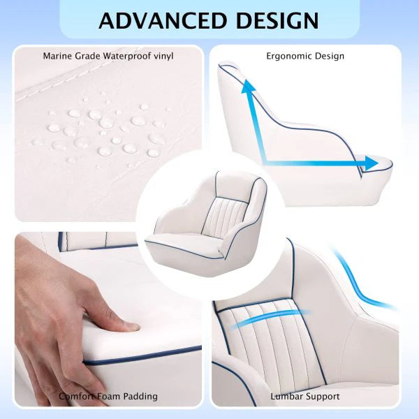 Pontoon Boat Seat, Captains Bucket Boat Seat, Back Folding Boat, Boat Cabin Seating – White & Blue