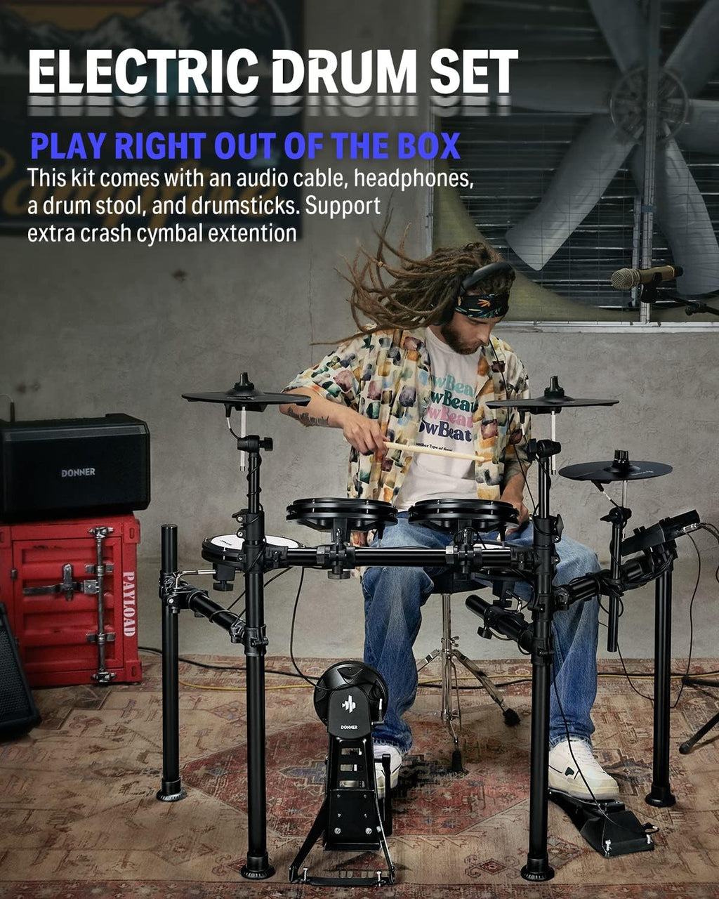 Donner DED-200 Electric Drum Sets with Quiet Mesh Drum Pads, 2 Cymbals w/Choke, 31 Kits and 450+ Sounds, Throne, Headphones, Sticks, USB MIDI, Melodics Lessons (5 Pads, 3 Cymbals)
