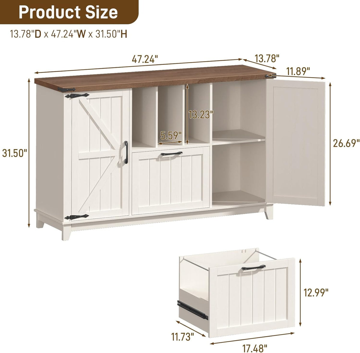 Lateral File Cabinet with File Drawer, Farmhouse Filing Cabinet with Storage Shelves for Legal/A4/Letter Size Hanging Files, Large Modern Printer Stand for Home Office (Rustic White and Brown)