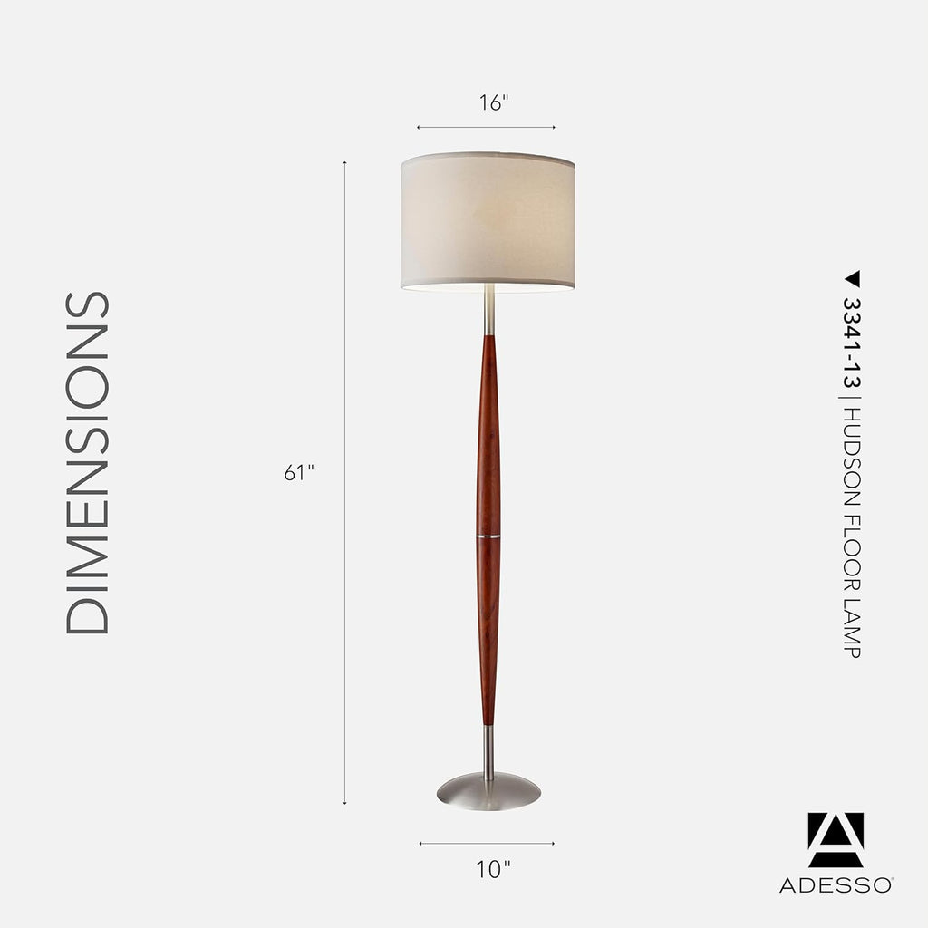 Adesso Hudson Floor Lamp - Adjustable Brightness, Perfect Lighting for Bedroom, Living Room and Corner Decor, Maple Eucalyptus Wood & Satin Steel Accents, Soft/White Lampshade