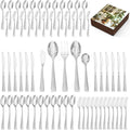 KINGSTONE Silverware Set, 65-Piece Flatware Set for 12, 18/10 Stainless Steel Cutlery Set with Bead Edge, Utensil for Kitchen, Home, Party, Wedding, Matte Silver, Dishwasher Safe, Featured Gifts