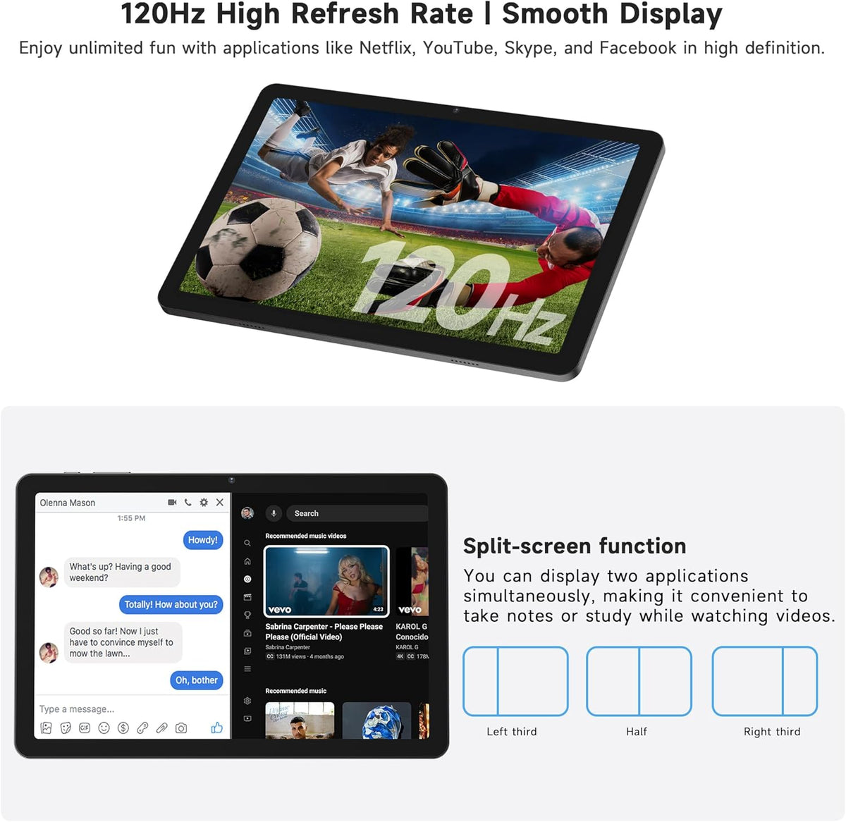 AOC 10.1 inch Android Tablet, Android 16 System, 120Hz Ultra-Smooth Display, 4GB RAM 128GB ROM (1TB Expandable), Octa-Core Processor, Widevine L1 for HD Streaming, Face Unlock, Slim Metal Body, GPS