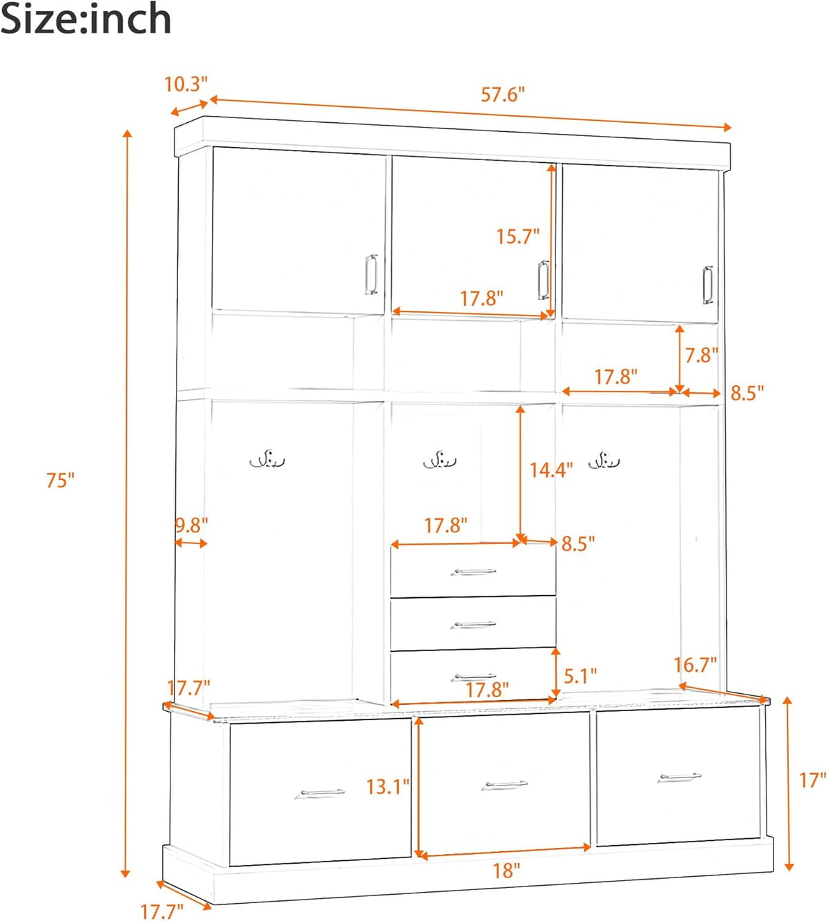 Hall Tree with Storage Bench & Coat Rack 58''W Modern Tall Entryway Oranizer Cabinet with 6 Drawers, 3 Metal Hooks for Living Room Hallway Mudroom, Black