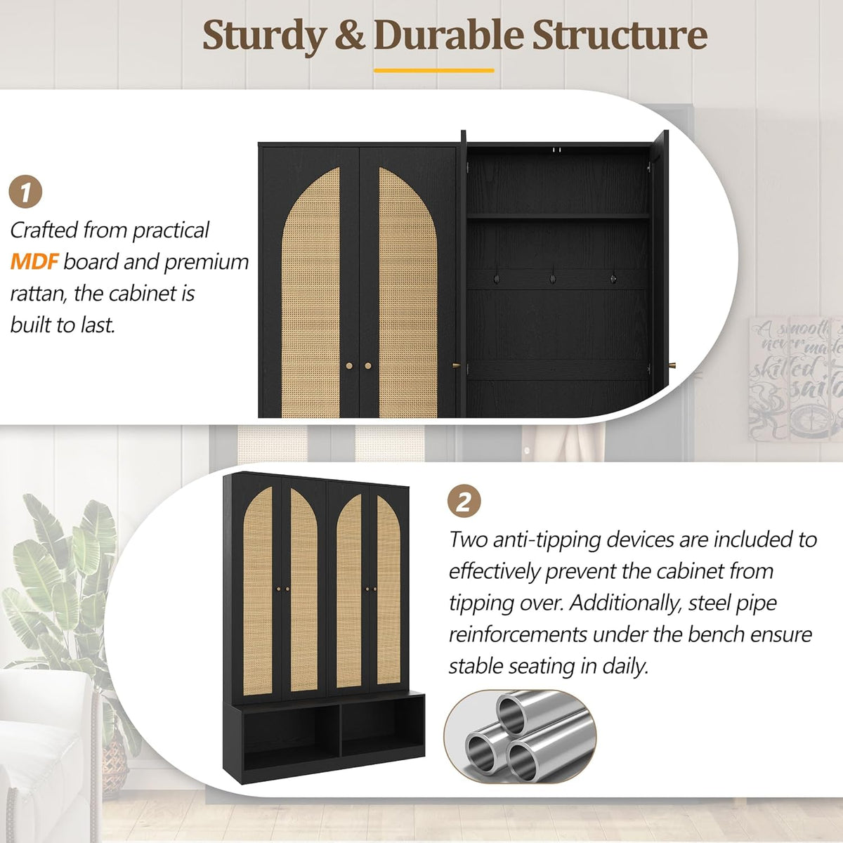 Farmhouse Widen Hall Tree with 4 Rattan Doors, Versatile 4-in-1 Coat Hanger with 6 Hooks, Mid-Century Entryway Shoe Cabinet with Adjustable Shelf for Living Room Hallway (Black-W)
