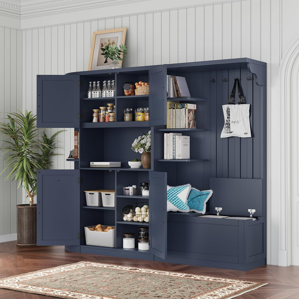 SOFTSEA Wide Entryway Hall Tree with Bench, Left-Right Combination Mudroom Cabinet with Drawers & Storage Cabinets, Can Be Used Separately, Large Hall Cabinet with 4 Hooks, Antique Blue