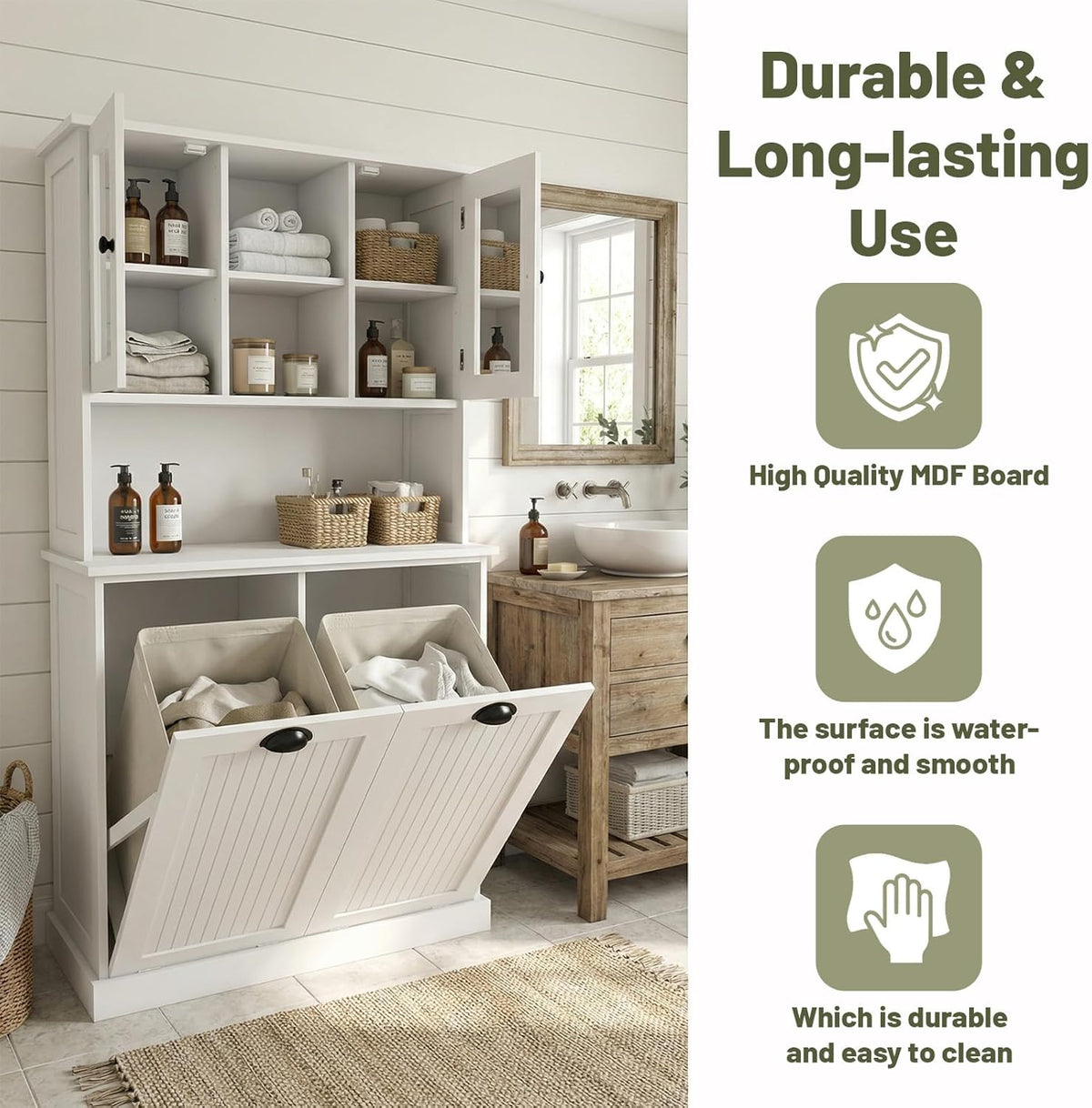 Tilt-Out Laundry Hamper Cabinet, 60-inch Tall Bathroom Cabinet with 2 Large Pull-Out Laundry Baskets, Glass Doors, and 2 Adjustable Shelves, Bathroom Organizer Cabinet for Laundry and Balcony, White