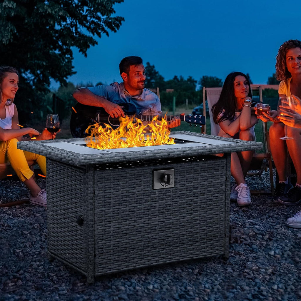 60000 BTU Wicker Gas Fire Pit Outdoor Fire Pit Table 45 Inch Fire Pits for Outside with Woodgrain Marble Tabletop Fire Pit Cover and Blue Crystal Beads