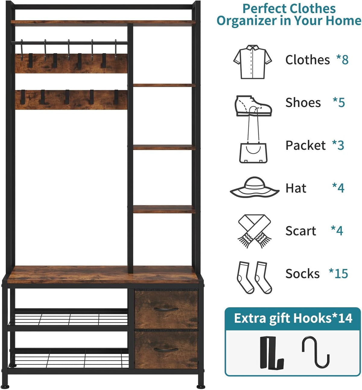 LUMTOK Hall Tree with Bench Storage and Shoes Storage, Hall Tree with Drawers and Shelves for Bedroom, 6-in-1 Entryway Organizer with Shelves, Living Room, Entryway, Closets (Rustic Brown)