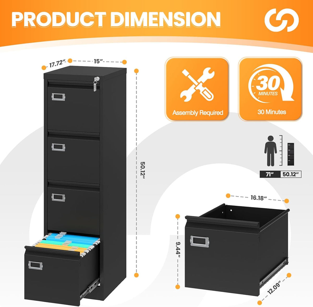 4 Drawer File Cabinet with Lock, Metal File Cabinets for Home Office,18" Deep Vertical Black Filing Cabinets Office Storage Cabinet for Letter/Legal / A4 / F4 Size, and File Folders