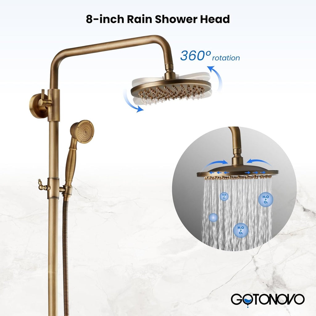 gotonovo Exposed Bathroom Shower Faucet Set Shower Fixture 8 Inch Rainfall Shower Head Handheld Shower Cross Handle Wall Mount 2 Functions Antique Brass