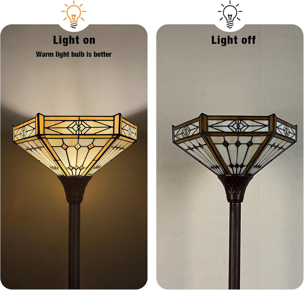 Capulina Tiffany Lamp Stained Glass Torchiere Floor Lamp 70 Inches Tall Industrial Bronze Pole Cream Hexagon Tiffany Style Standing Floor Lamp for Home Office Living Room Bedroom