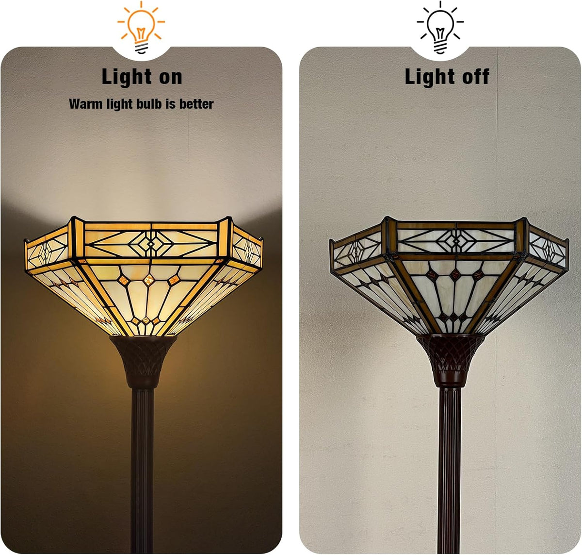 Capulina Tiffany Lamp Stained Glass Torchiere Floor Lamp 70 Inches Tall Industrial Bronze Pole Cream Hexagon Tiffany Style Standing Floor Lamp for Home Office Living Room Bedroom