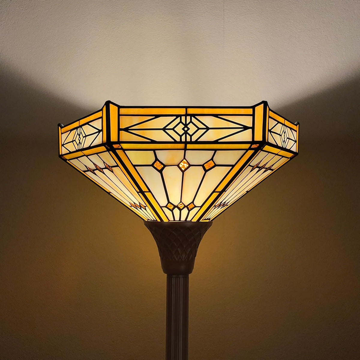 Capulina Tiffany Lamp Stained Glass Torchiere Floor Lamp 70 Inches Tall Industrial Bronze Pole Cream Hexagon Tiffany Style Standing Floor Lamp for Home Office Living Room Bedroom