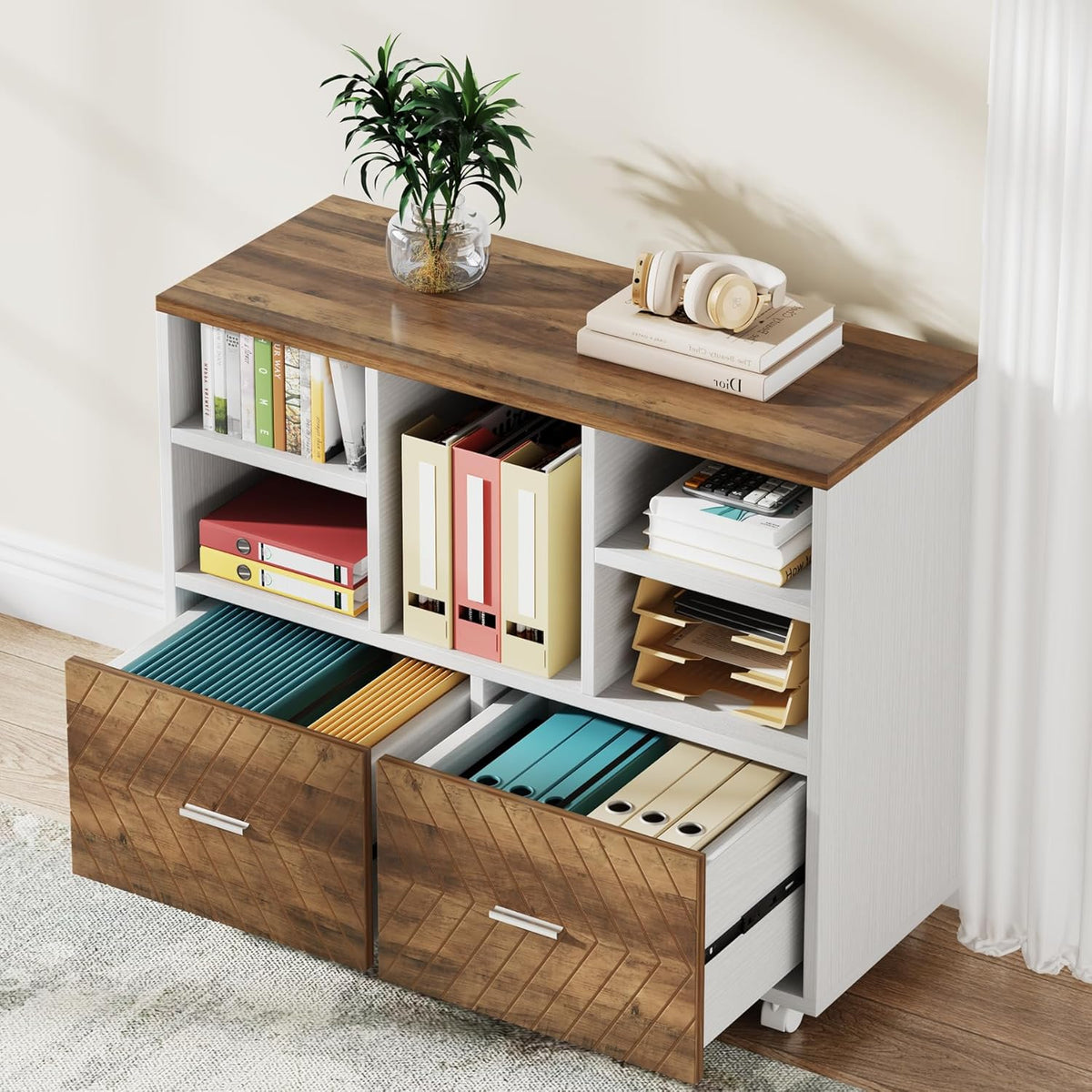 Tribesigns 2-Drawer Wood File Cabinet, Mobile Lateral Filing Cabinet for Hanging Letter Size Files, Printer Stand with Open Storage Shelves for Home Office (Oak Karo & White)
