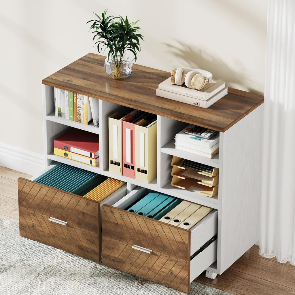 Tribesigns 2-Drawer Wood File Cabinet, Mobile Lateral Filing Cabinet for Hanging Letter Size Files, Printer Stand with Open Storage Shelves for Home Office (Oak Karo & White)