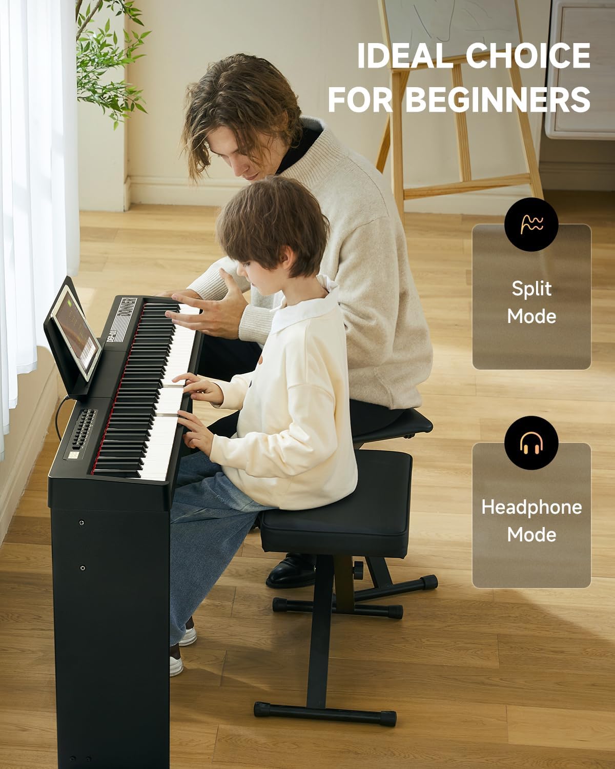 Donner Digital Piano Keyboard Velocity-Sensitive 88 Keys with Removable Piano Stand, Compact Beginner Home Electric Piano with Split Mode, LED Digital Tube for Display, and Triple Pedal DEP-08