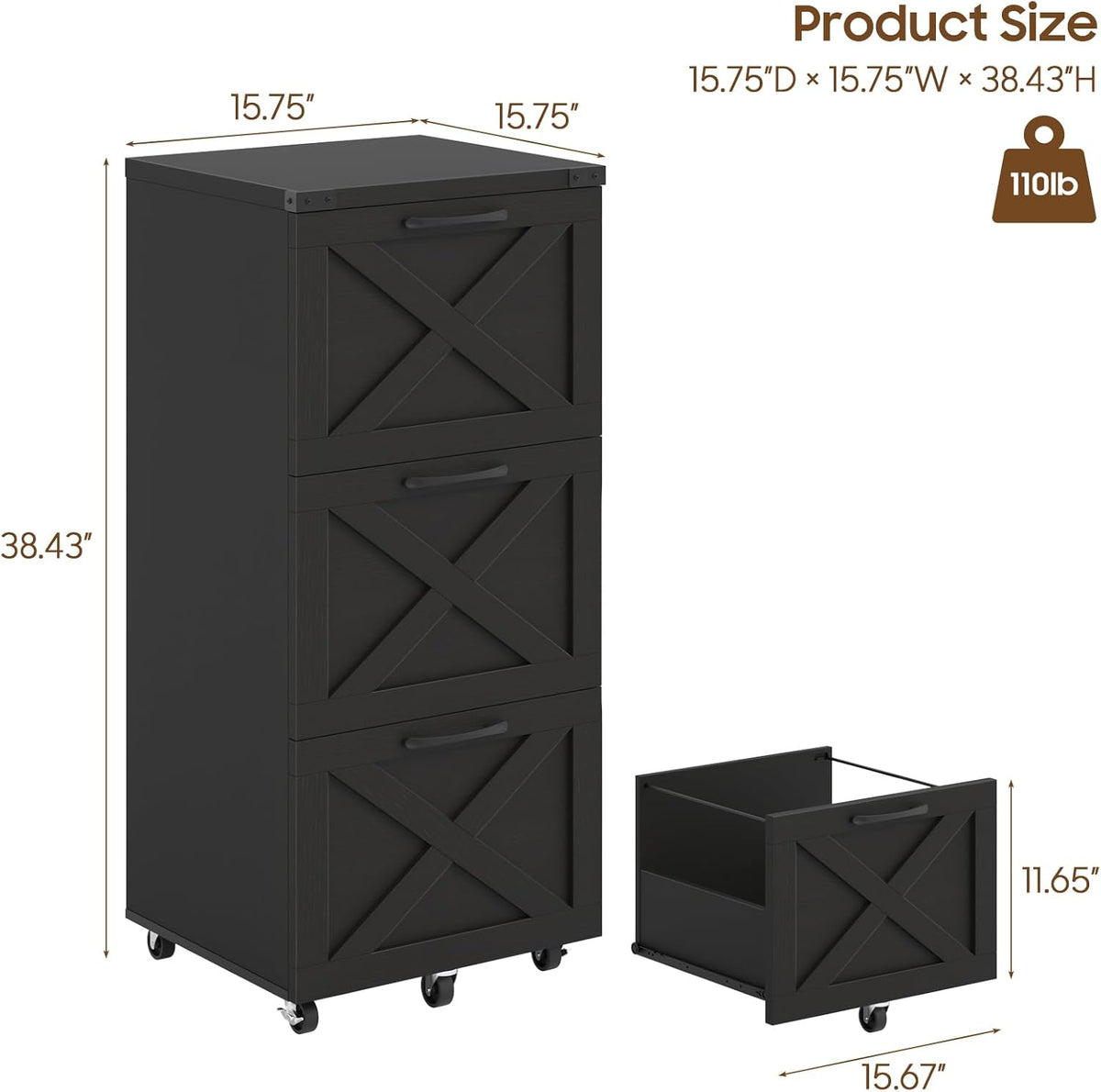 Halitaa 3 Drawer Tall File Cabinet with Wheels, Farmhouse Vertical Filing Cabinet Fits Letter/A4 Size, Rolling File Cabinets Wooden Printer Stand for Home Office, Black