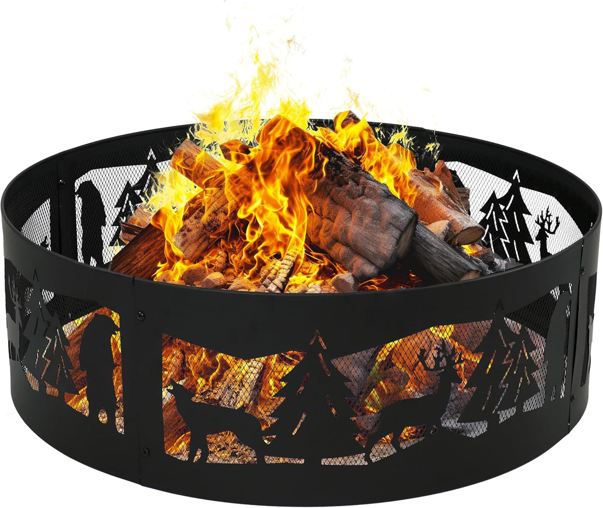 Sunnydaze 36-Inch Outdoor Fire Ring - Portable Metal Fire Pit Ring for Camping or Backyard - 360-Degree Wildlife Cutouts - Forest Wilderness