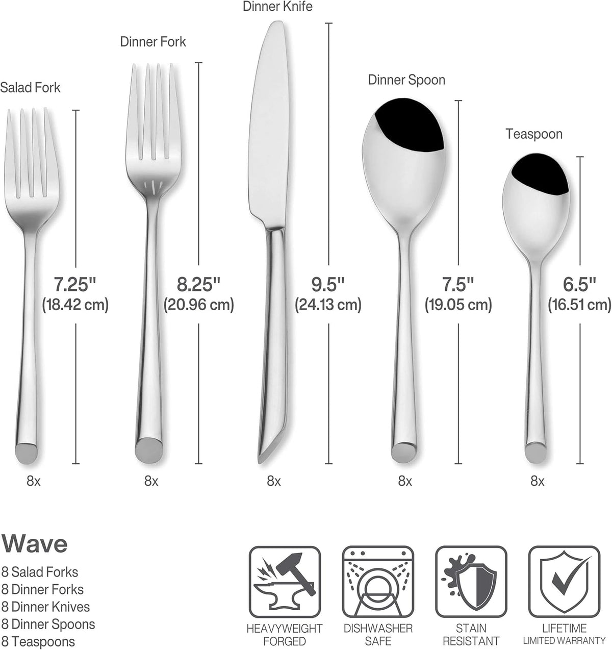 Towle Living 42-Piece Silverware Set, Service for 8, Wave Flatware Cutlery Set - Includes Fork, Knife, Spoon - For Home, Kitchen, and Resturant, Stainless Steel - Dishwasher Safe