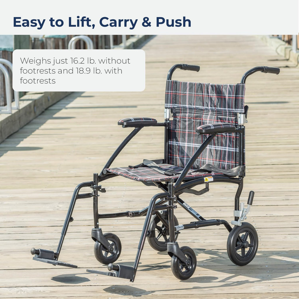 Drive Medical DFL19-BLK Fly-Lite Lightweight Folding Transport Wheelchair with Swing-Away Footrests, Black