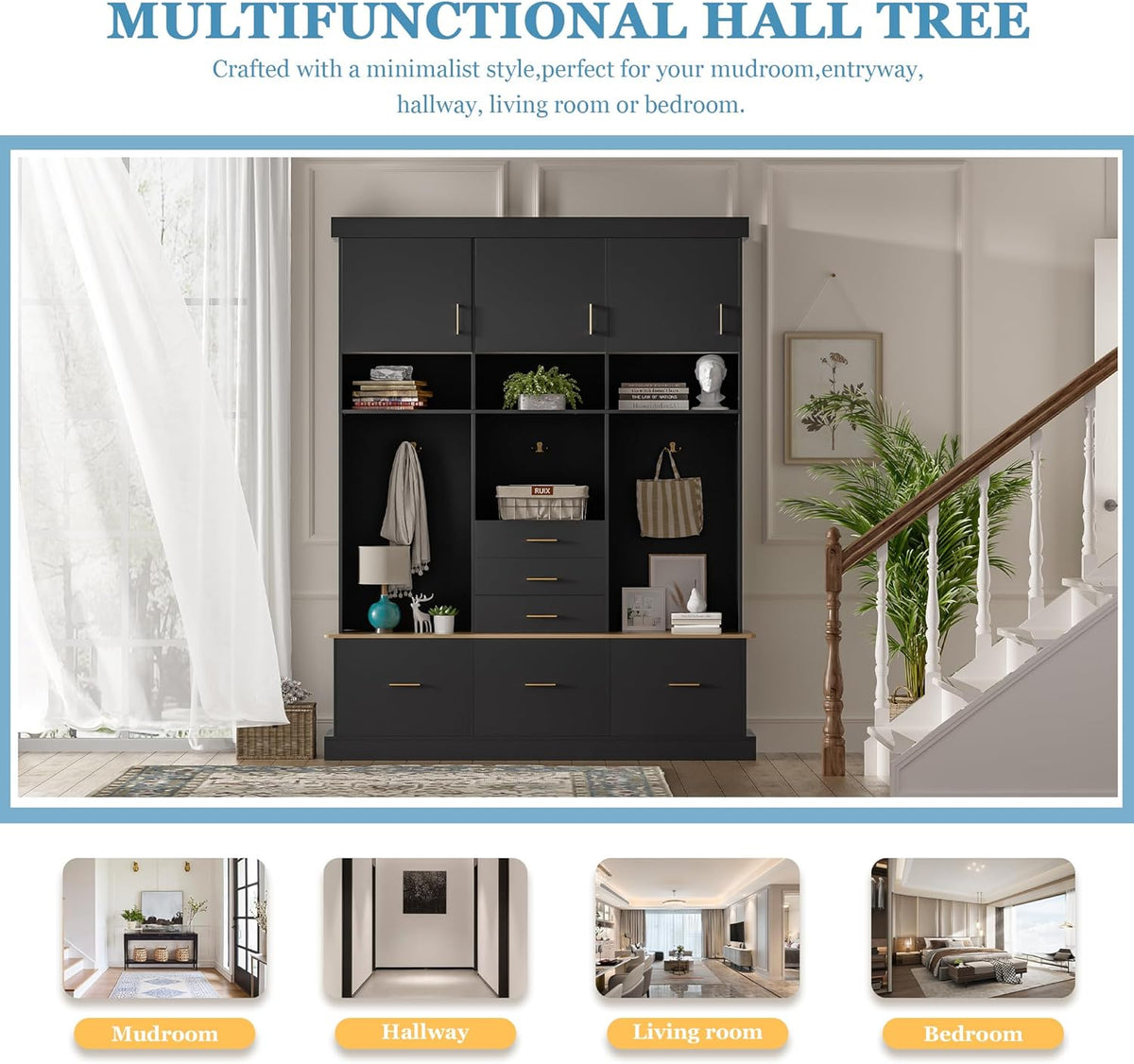 Hall Tree with Storage Bench & Coat Rack 58''W Modern Tall Entryway Oranizer Cabinet with 6 Drawers, 3 Metal Hooks for Living Room Hallway Mudroom, Black