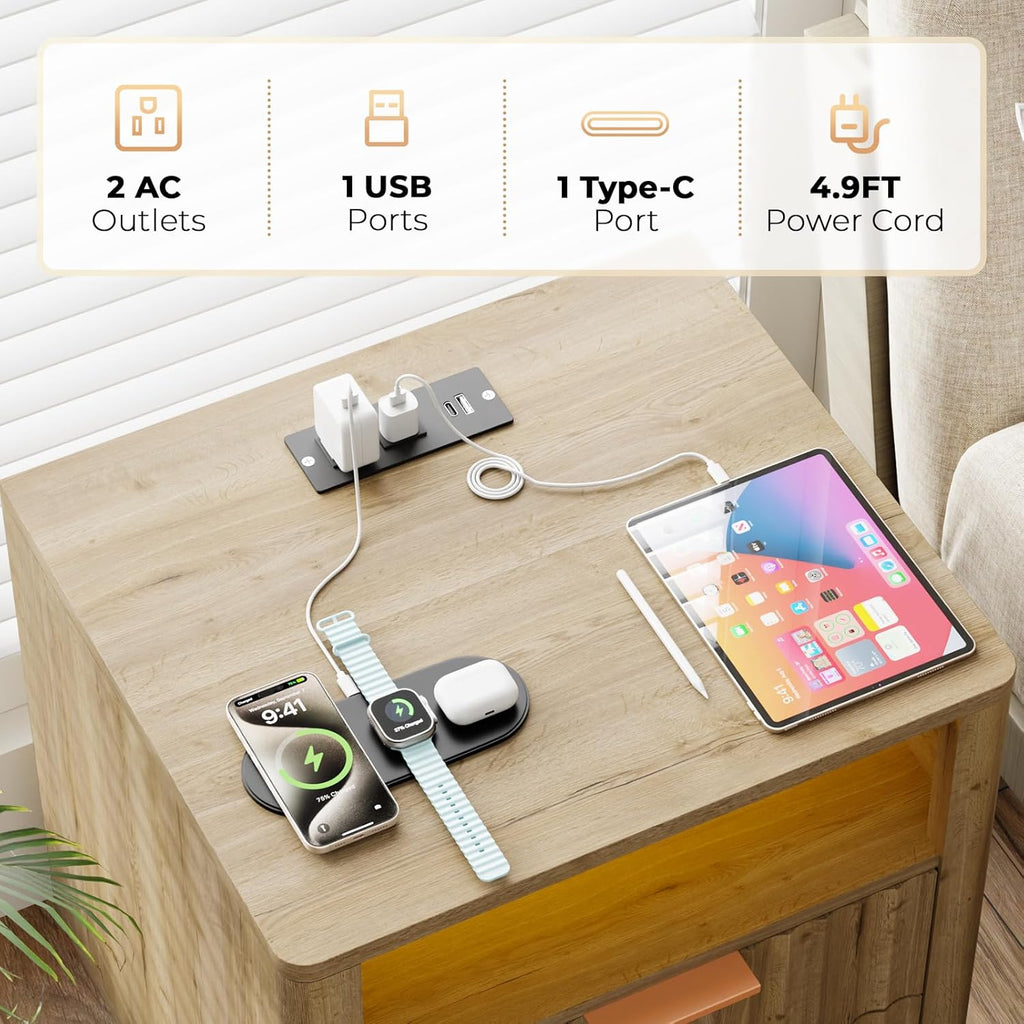 Fluted Nightstand with Charging Station, 2 Drawers Storage Bedside Table, Solid Wood Modern Nightstand with Open Shelf, Curved Profile Design, End Table for Indoor Room Bedroom Office, Oak