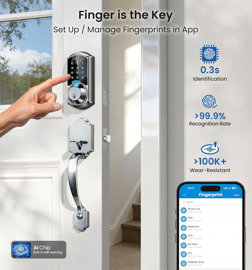 Veise VE07-H Fingerprint Smart Locks for Front Door with Handle Set, App Control, Keyless Entry Keypad Deadbolt, Digital Electronic Touchscreen, Easy Install, Auto Lock, Satin Nickel