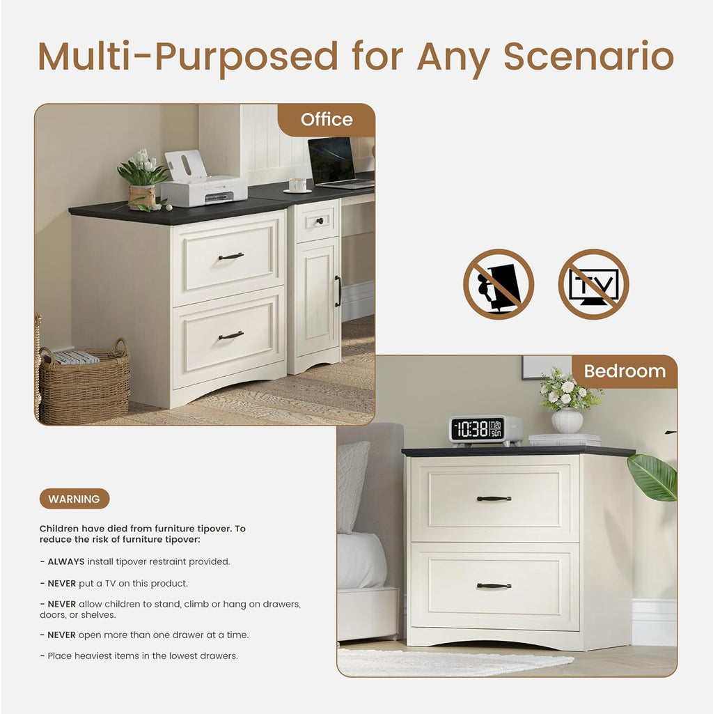 FEZIBO Farmhouse File Cabinet, 30" Lateral Filing Cabinet with 2 Drawers and Hanging Rods, Storage Wood Cabinet for Home Office, Living Room, Bedroom, Pure White