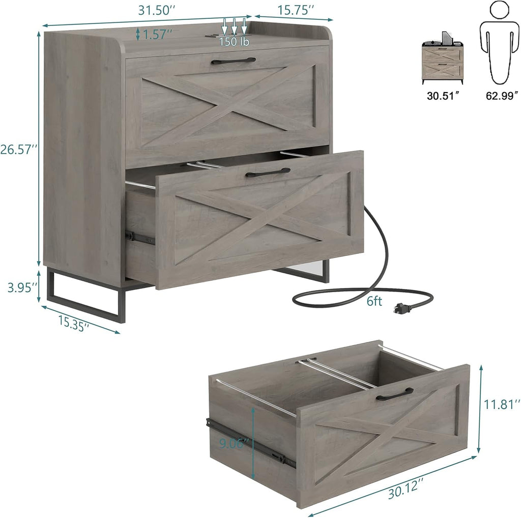 Lateral File Cabinet 2 Drawer File Cabinet with Charging Station for Legal/Letter/A4 Size Hanging Files, Modern Farmhouse Large Wood File Storage Cabinet for Home Office Furniture(Washed Gray)