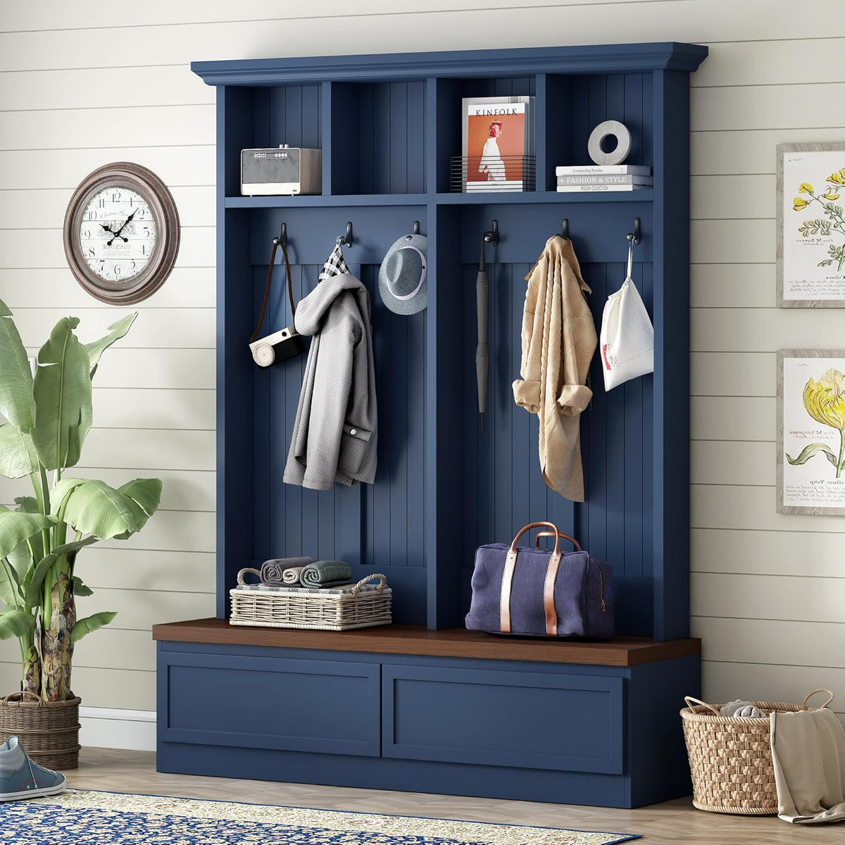 4-in-1 Hall Tree with Wood Grain Bench, Entryway Shoe Storage Organizer with Coat Rack, 2 Large Drawers, and 6 Golden Hooks for Hallway, Foyer Organizer Furniture, Blue