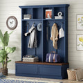JIVOIT Hall Tree with Storage Bench, Farmhouse 4-in-1 Hall Tree with Wood Grain Bench, 2 Large Drawers, 6 Black Hooks, 4 Storage Compartments, Mudroom Versatile Coat Rack for Hallway, Living Room