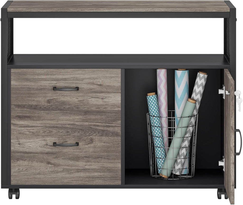 Tribesigns Modern File Cabinet with Drawers for Letter-Sized File and Door, Lockable lateral Filing Cabinet Printer Stand with Storage Shelves and with Rolling Caster for Home Office (Gray)