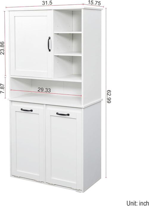 63" White Laundry Cabinet w/Dual Tilt-Out Hampers - 4 Open + 2 Adjustable Shelves, Freestanding Bathroom Organizer, 31.5 x 15.7 x 63 Inch