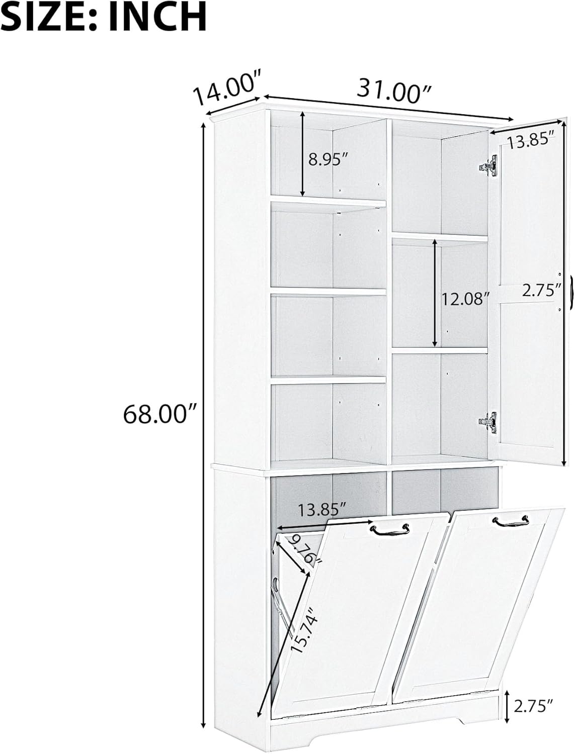 Merax Cabinet with Tilt-Out Laundry Hamper Basket, Tall Bathroom Storage Organizer Linen with Open Shelf for Home, Freestanding, White