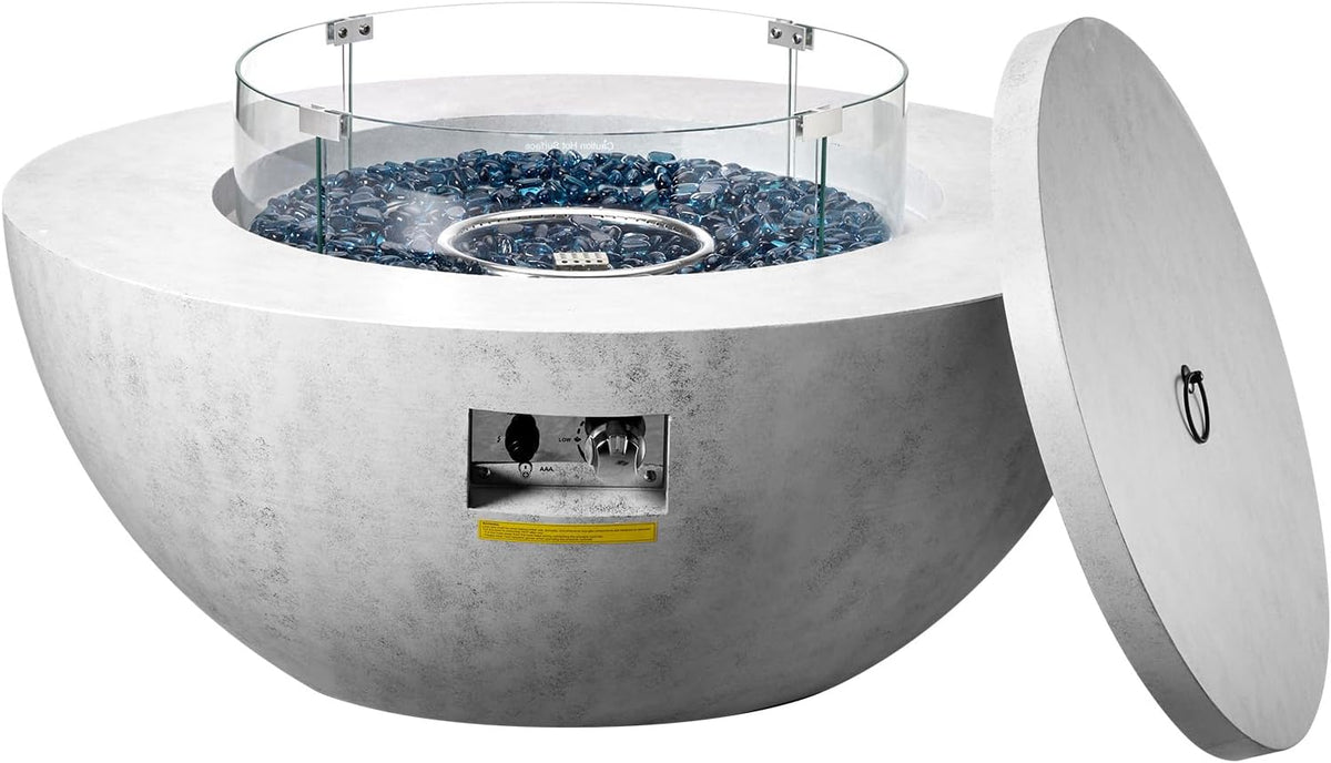 VEVOR Propane Fire Pit, Outdoor Concrete Gas Fire Pit, 39 in Tabletop with Lava Rocks, Lid,Rain Cover,Adjust Flame Height Camping Firepit for Heating, Lighting, 50000 BTU