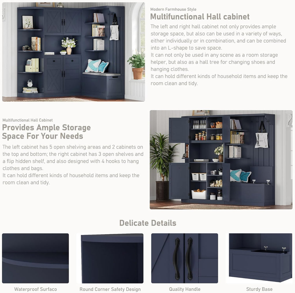 SOFTSEA Wide Entryway Hall Tree with Bench, Left-Right Combination Mudroom Cabinet with Drawers & Storage Cabinets, Can Be Used Separately, Large Hall Cabinet with 4 Hooks, Antique Blue