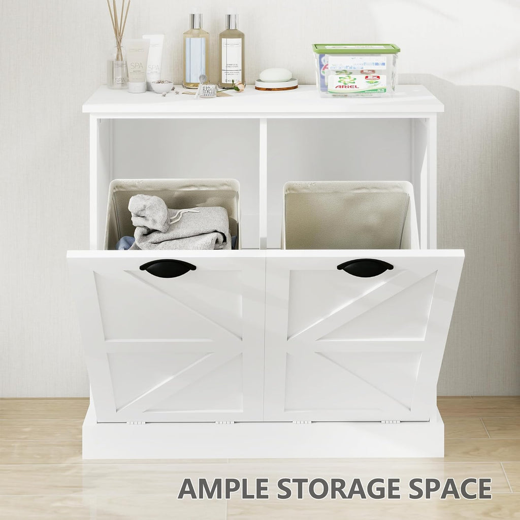 Tilt Out Laundry Hamper Cabinet with Basket, Removable Laundry Basket, Farmhouse Freestanding Hidden Trash Can Cabinet with Laundry Storage Basket for Bathroom, Kitchen