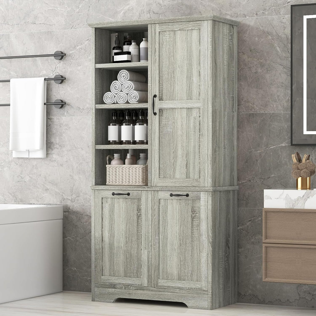 Merax Tall Storage Cabinet with Door and Shelves, Bathroom Storage with 2 Tip-Out Laundry Hamper and Adjustable Shelf, Oak
