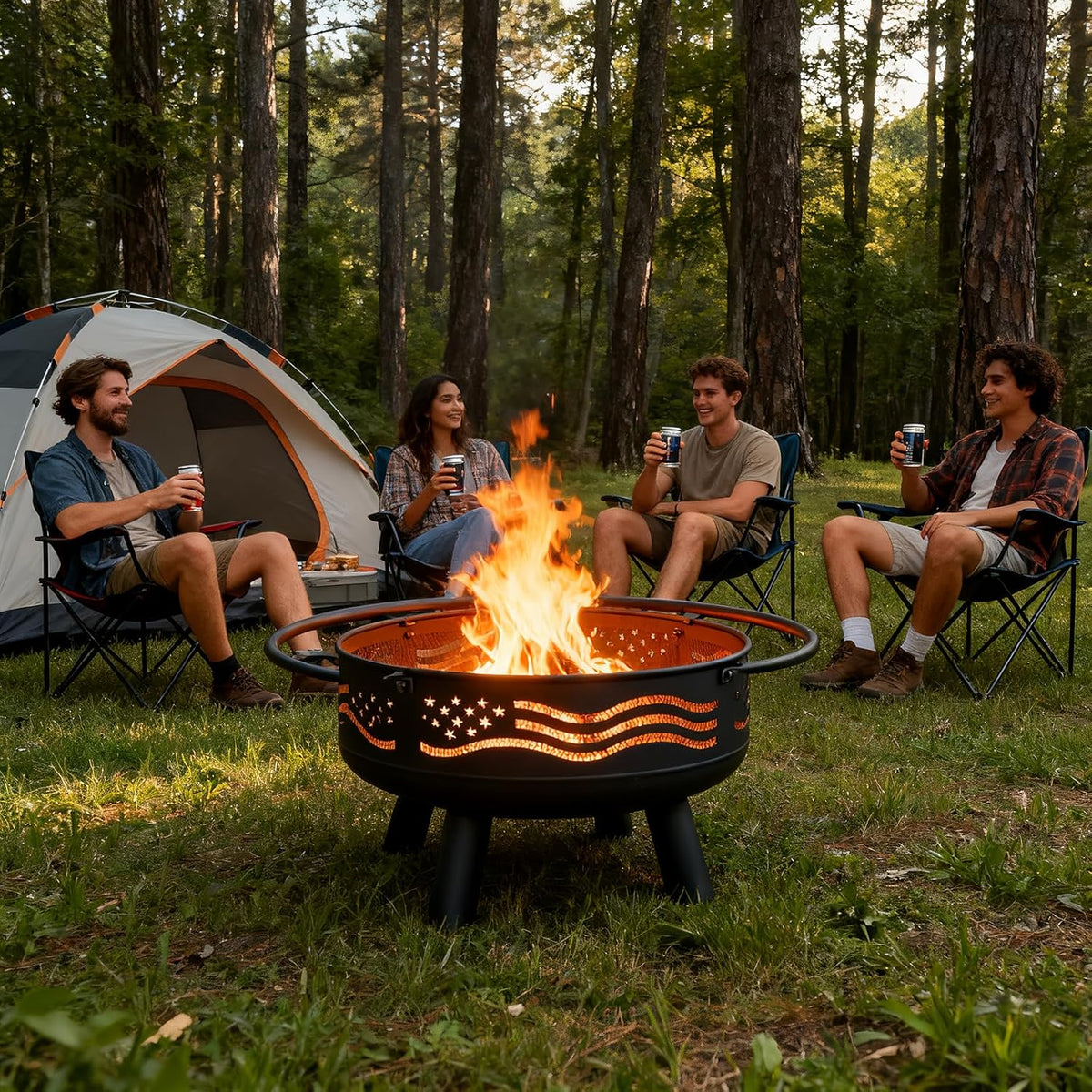 Breezz 32 Inch American Flag Fire Pit with Mesh Cover & Poker, Round Metal Wood Burning Outdoor Firepit for Patio, Garden, Backyard, Bonfire, Ideal for 4th of July, Memorial Day, Christmas