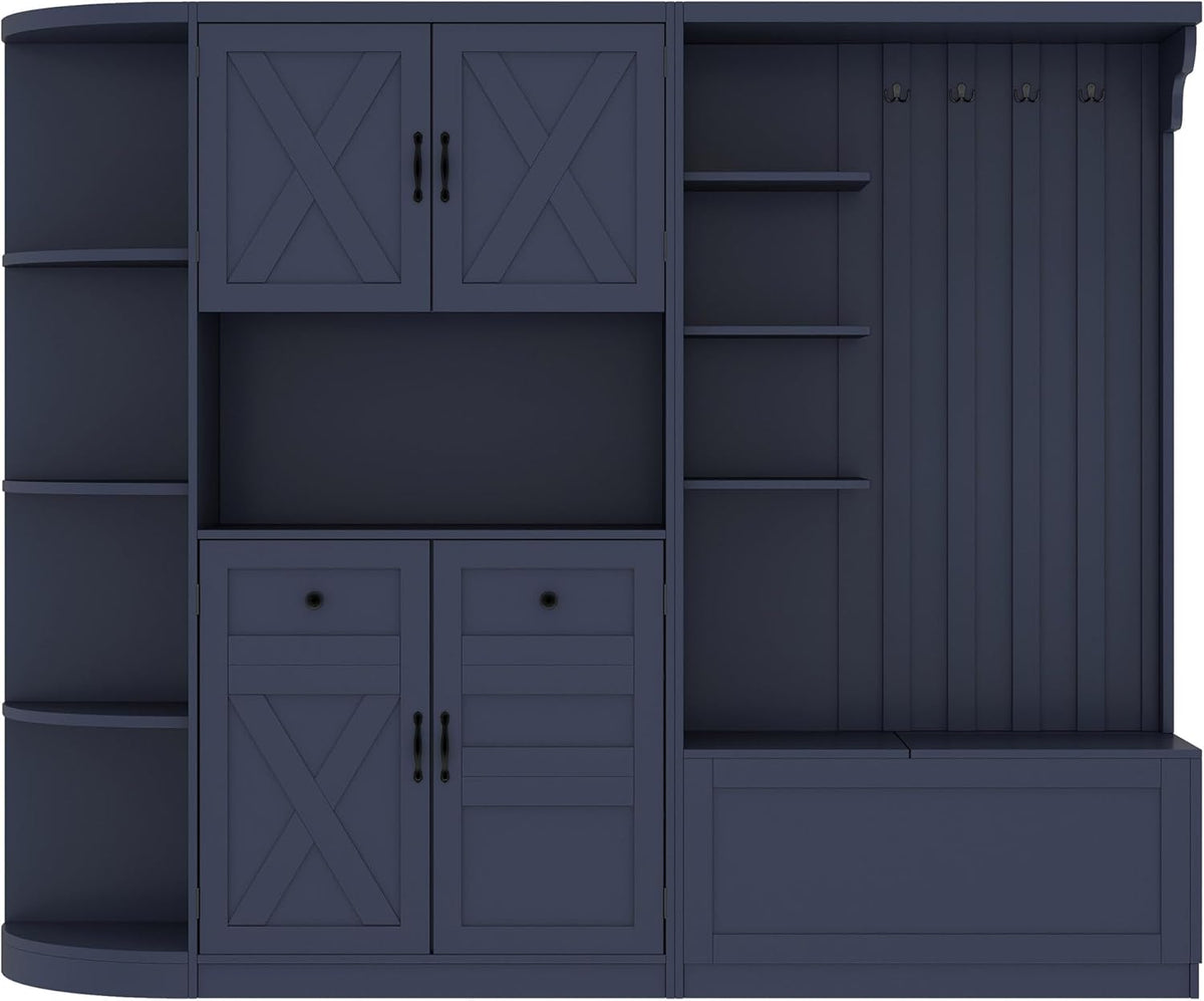 SOFTSEA Wide Entryway Hall Tree with Bench, Left-Right Combination Mudroom Cabinet with Drawers & Storage Cabinets, Can Be Used Separately, Large Hall Cabinet with 4 Hooks, Antique Blue