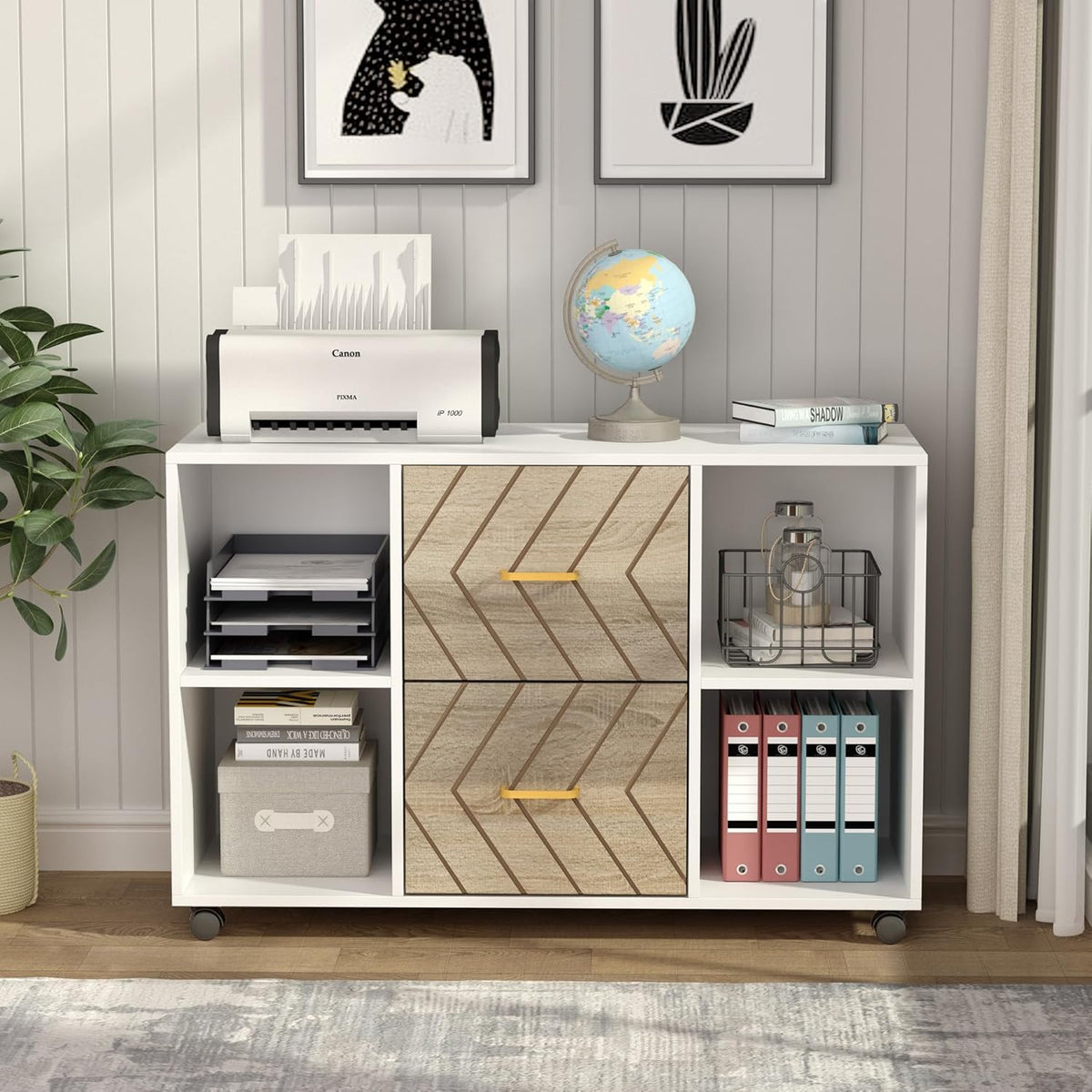 Tribesigns 2 Drawer File Cabinet, Large Mobile Lateral Filing Cabinet for Letter Size, Printer Stand with Storage Shelves and Rolling Wheels for Home Office (White)