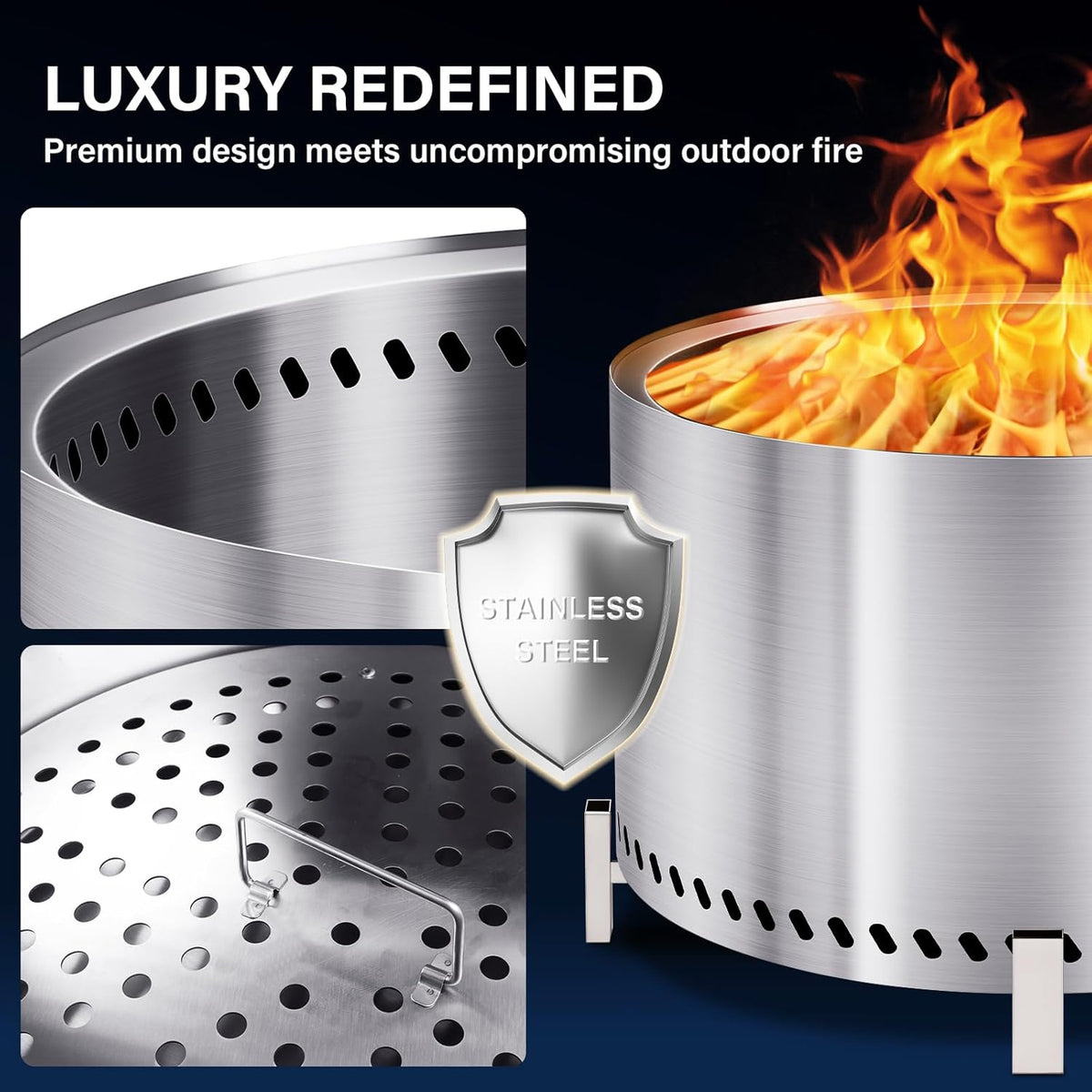 HGD 27.5" Smokeless Firepit with Stand & Grill Rack, Large Stainless Steel Wood Burning Fire Pit for Friends & Family Gatherings, Secondary Combustion Outdoor Patio Stove for Garden BBQ & Bonfire