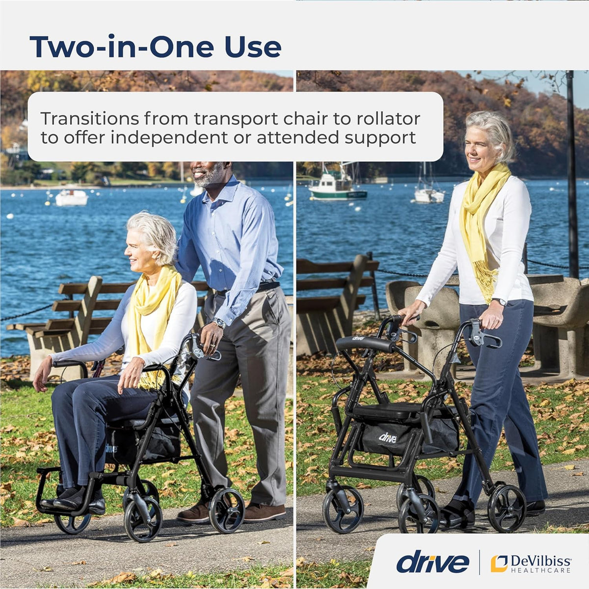 Drive Medical 795BK Duet Folding Transport Wheelchair and Rollator Walker, Black