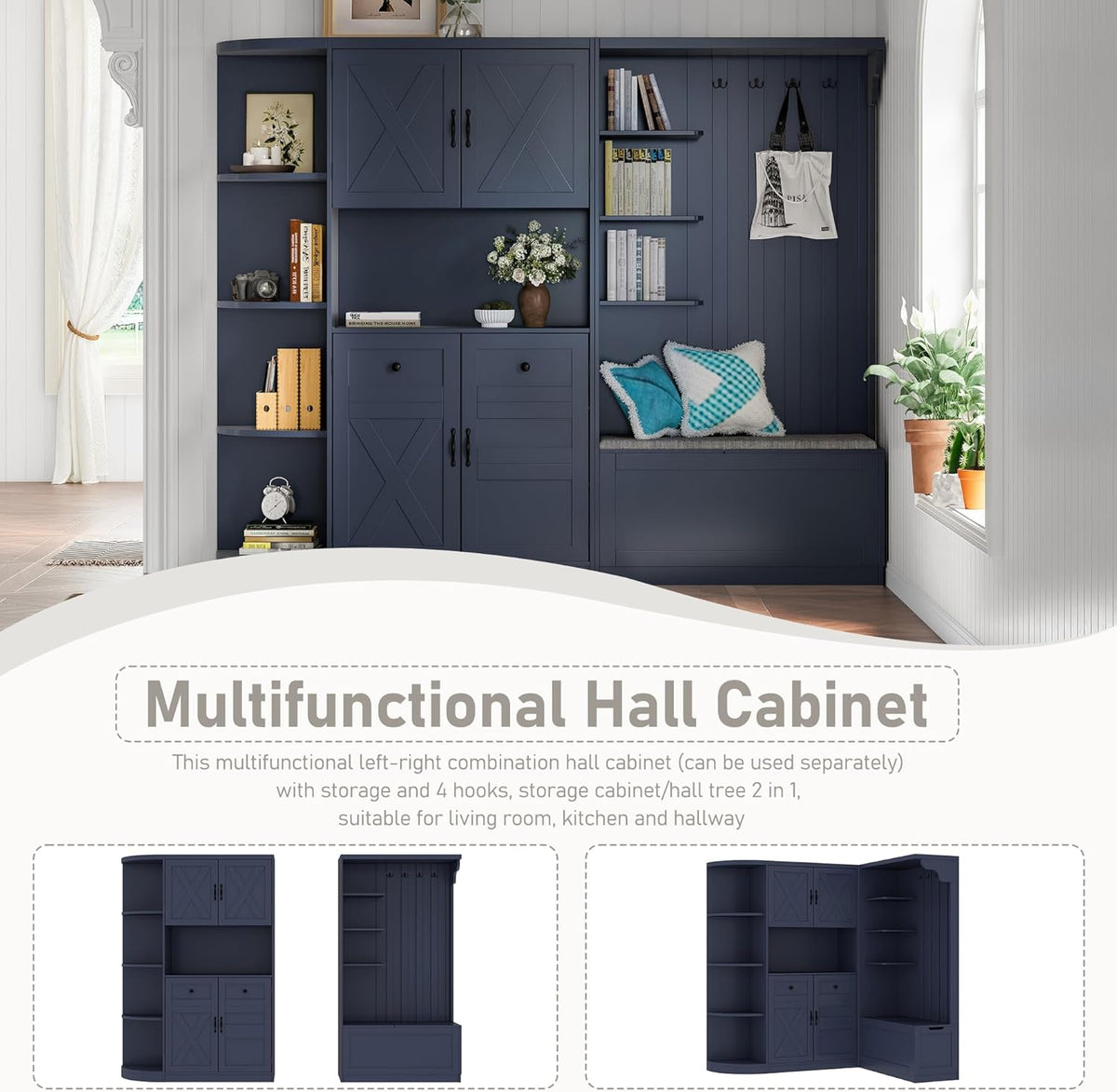SOFTSEA Wide Entryway Hall Tree with Bench, Left-Right Combination Mudroom Cabinet with Drawers & Storage Cabinets, Can Be Used Separately, Large Hall Cabinet with 4 Hooks, Antique Blue