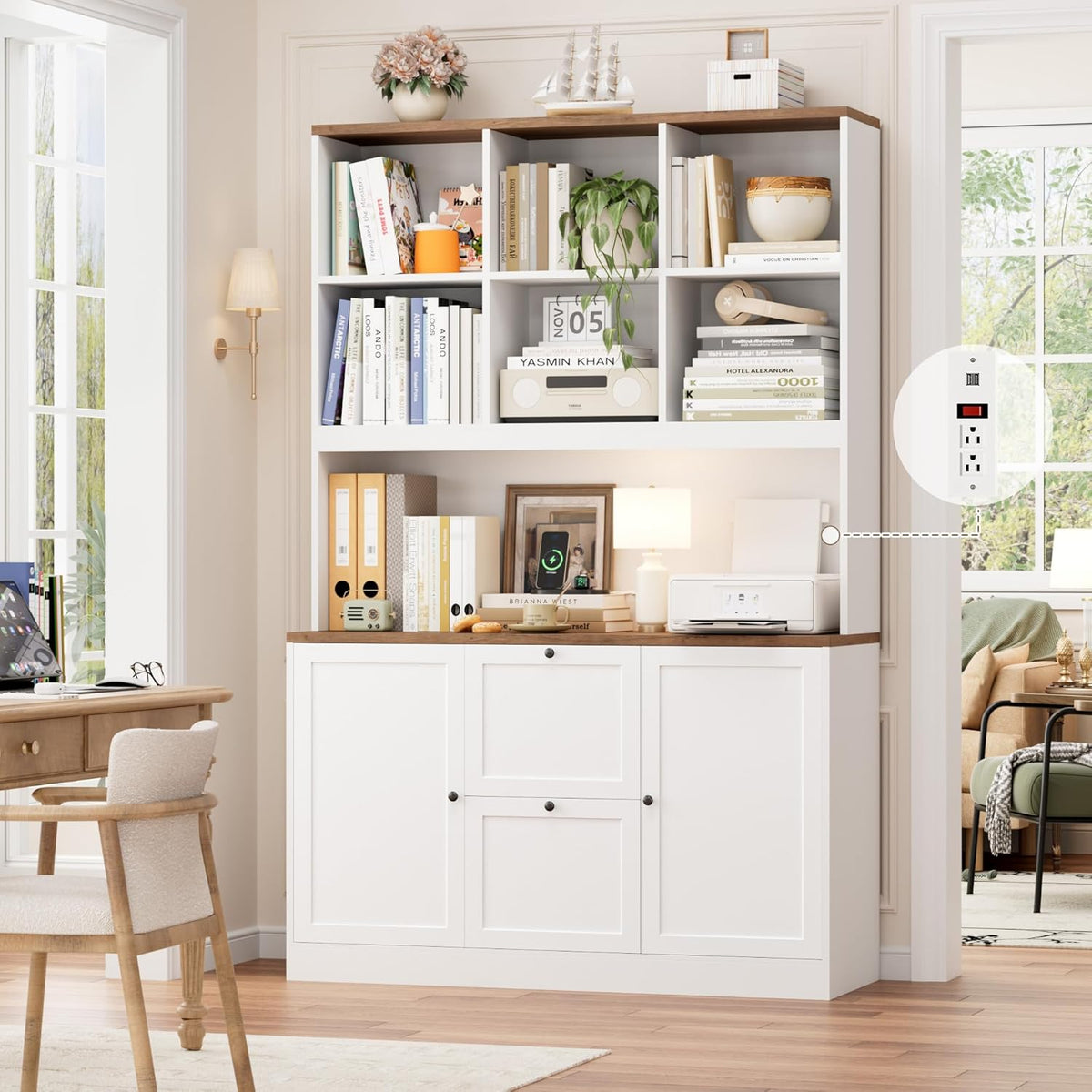 HIFIT 72'' Tall File Bookcase with Power Outlet & Printer Stand, 2 Drawer Filing Cabinets for Home Office Fit Hanging A4 File, Storage Cabinet w/ 3 Tier Open Book Shelf & Doors for Living Room, White