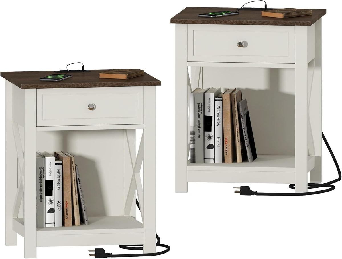 Treocho Farmhouse End Table Set of 2,Nightstand with Charging Station, X-Design Side Table with 2 AC and USB Power Outlets, Small Night Stand with Storage Drawer and Open Shelf for Living Room