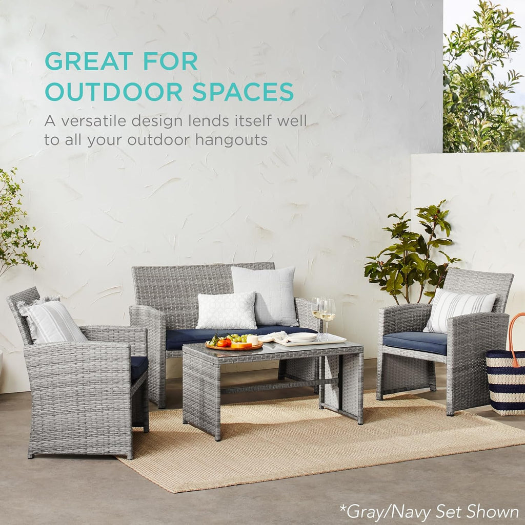 Best Choice Products 4-Piece Outdoor Wicker Patio Conversation Furniture Set for Backyard w/Coffee Table, Seat Cushions - Black/Black